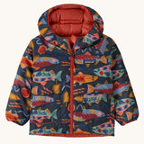 Patagonia little kids down hooded jacket in salmon energy/ink black. A light warm reversible jacket in black with funky salmon prints. Features a a full length zip and 2 side pouch pockets