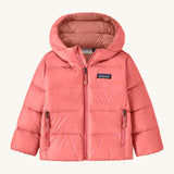 Patagonia little kids hi-loft down sweater hoody jacket in sparkle pink available at Babipur. A warm down hooded jacket in a pink colour. Feeatures a full length zip fastener and side zip pockets