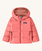 Patagonia little kids hi-loft down sweater hoody jacket in sparkle pink available at Babipur. A warm down hooded jacket in a pink colour. Feeatures a full length zip fastener and side zip pockets