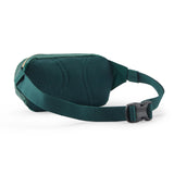 The back of the Patagonia terravia mini bum bag in cascade green available at Babipur showing the buckle fastener detail on the chest strap