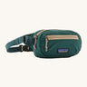 Patagonia terravia mini bum bag in cascade green available at Babipur. A 100%  recycled material pack dark green with cream detail. Features 2 main zipped compartments and a buckle fastener