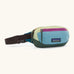 Patagonia 100% recycled nylon weather resistant terravia mini hip pack with blue, pale yellow, and dark green panels, pink zips, and brown straps