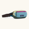 Patagonia 100% recycled nylon weather resistant terravia mini hip pack with blue, pale yellow, and dark green panels, pink zips, and brown straps