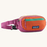 Patagonia weather repellent terravia mini hip pack in pink with orange front . Shows 2 zipped front pockets