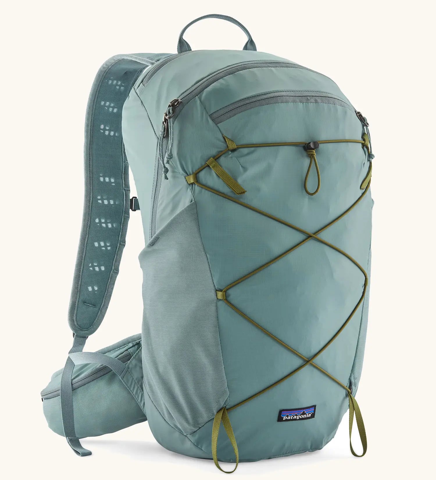 Patagonia terravia 22L backpack in sage blue with zipped compartments and dark green gear elastics on the front. 
