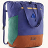 Patagonia backpack in purple and brown block colours with green side pockets. Features a zip pocket on the fron.