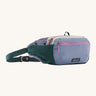 Patagonia terravia 5 litre hip pack. A 100% recycled material hip pack in pastel blue with dark green and pink detail. Features 2 main compartments, mesh side pockets and a buckle fastener