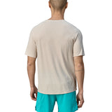A person wearing light blue shorts, is wearing the Patagonia Men's Cap Cool Trail Graphic T-Shirt to show the fit from the black