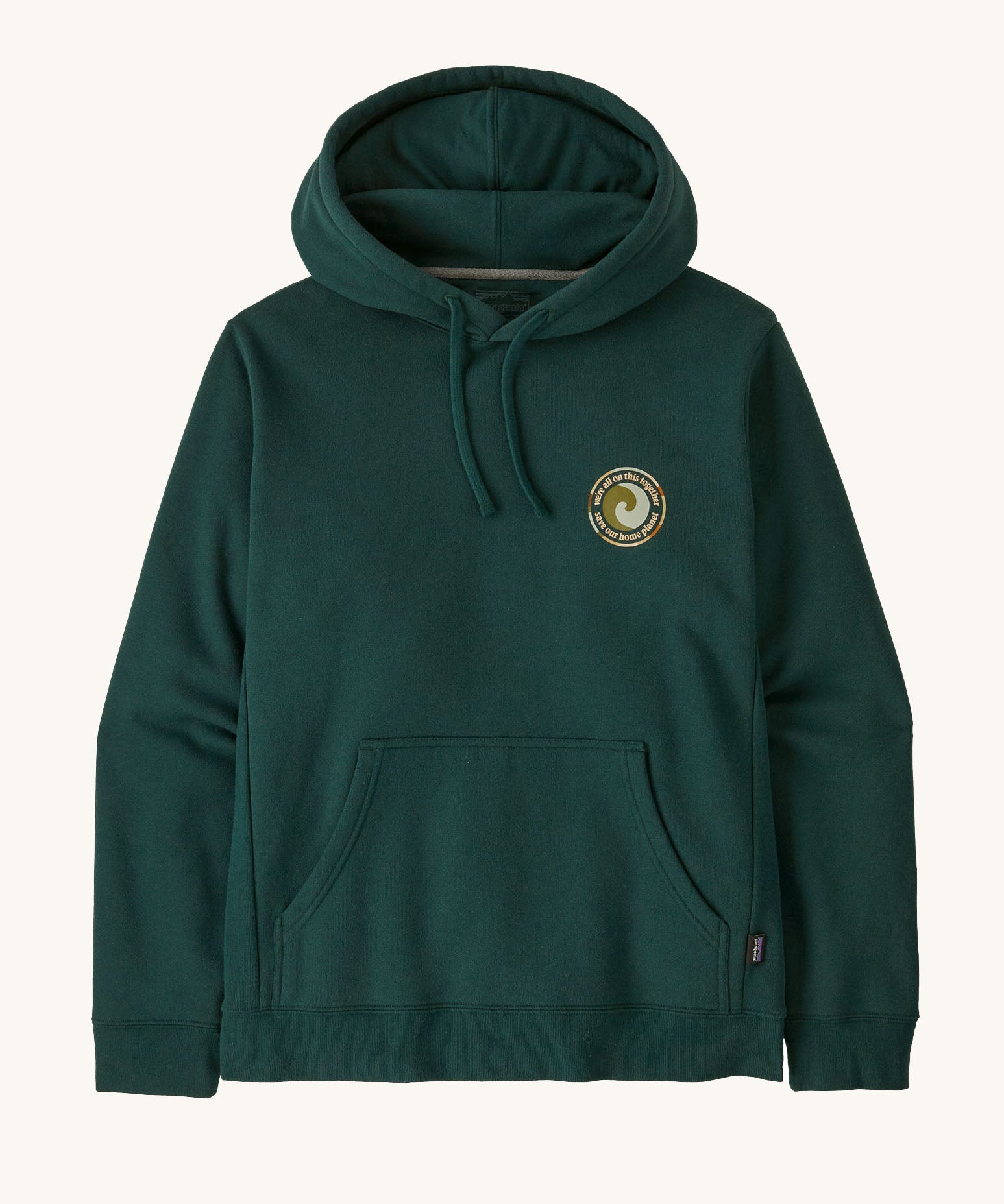 Patagonia adult Unity Fitz Uprisal Hoody in a cascade green colour available at Babipur. A thick hooded pull over with a circular brand graphic on the chest