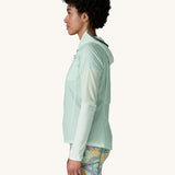 The side side of the female standing in front of a cream background and wearing patterned shorts and the Patagonia lightweight jacket in light turquoise with the hood down