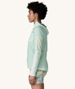 The side side of the female standing in front of a cream background and wearing patterned shorts and the Patagonia lightweight jacket in light turquoise with the hood down