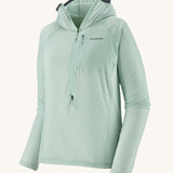 Patagonia hooded lightweight jacket in light turquoise. Features a 3/4 length zip and a zipped check pocket
