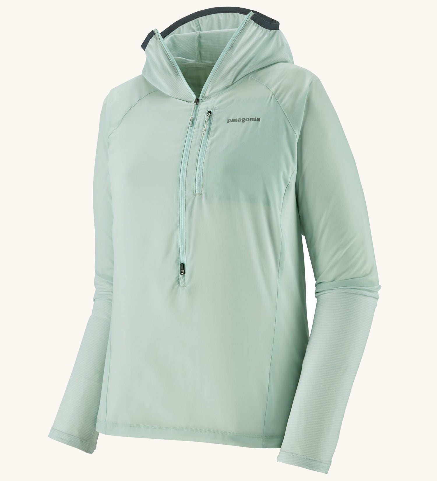 Patagonia hooded lightweight jacket in light turquoise. Features a 3/4 length zip and a zipped check pocket