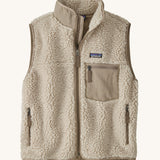 Patagonia thick fleece gilet. In cream with dark cream trim. Features a turned up collar with a zip from the neckline down with a cream patch pocket and side pockets