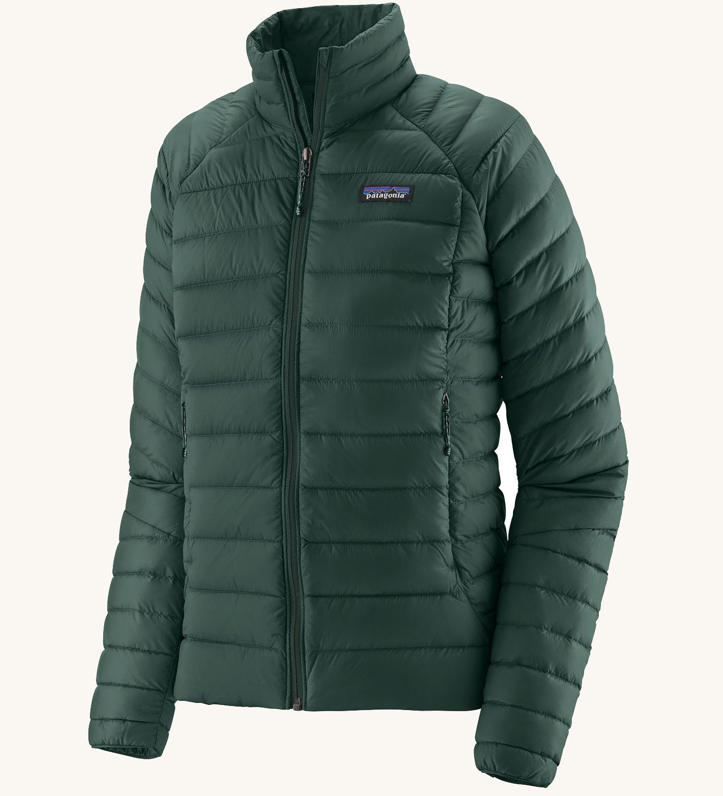 Patagonia puffer style jacket in dark green. Features a full length zip and side pockets.