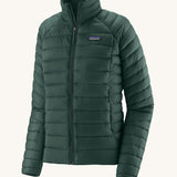 Patagonia puffer style jacket in dark green. Features a full length zip and side pockets.