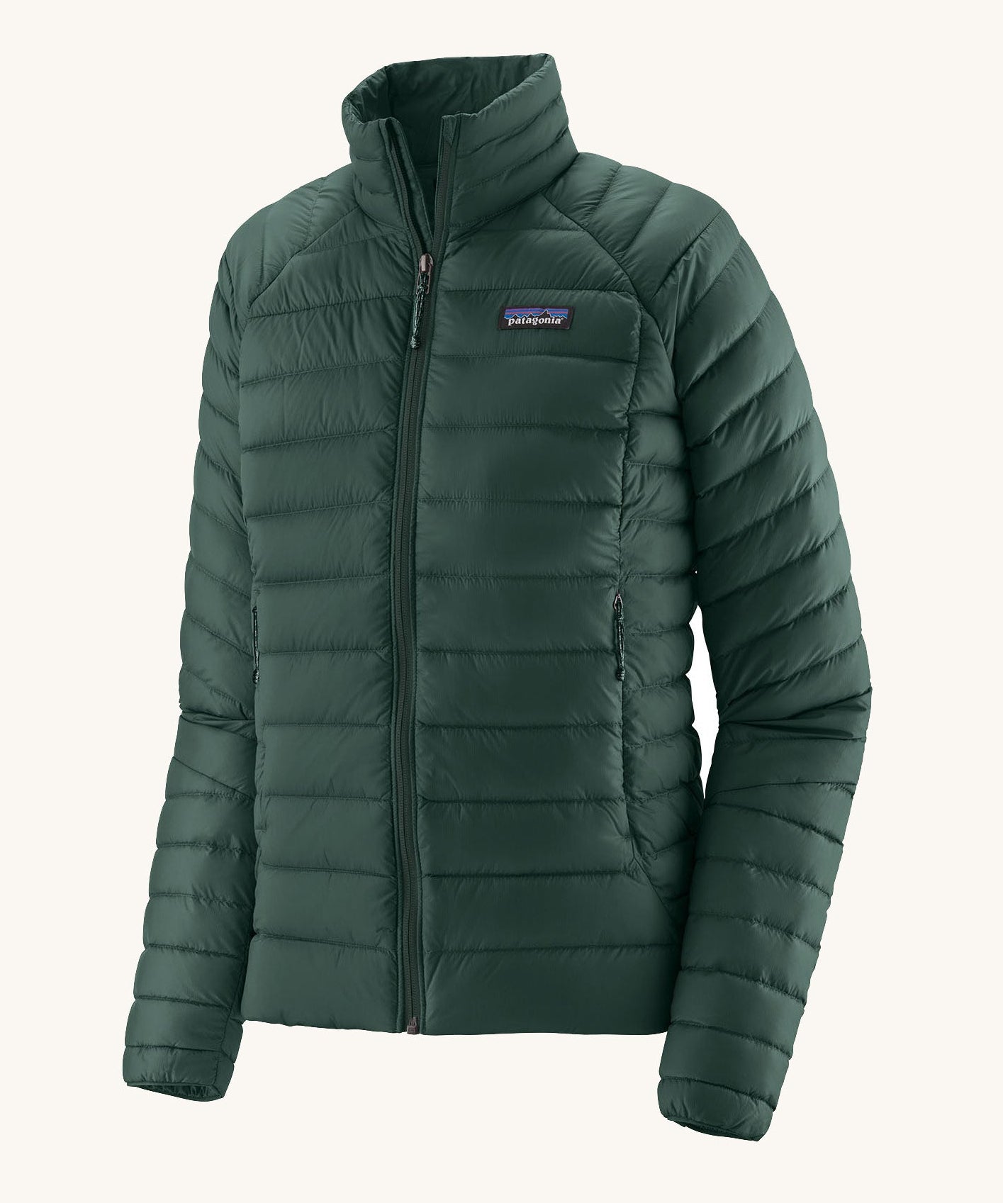 Patagonia puffer style jacket in dark green. Features a full length zip and side pockets.