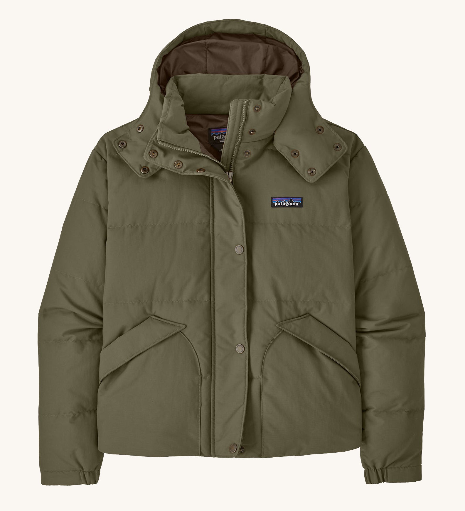 Patagonia women's hooded jacket in dark green. Features a full length front zip and popper fastener and side pockets
