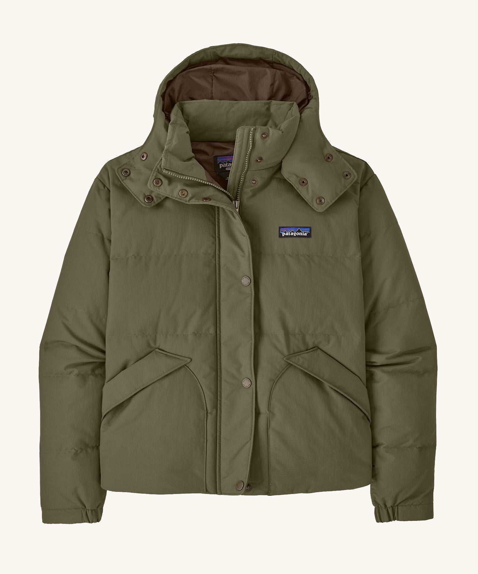 Patagonia women's hooded jacket in dark green. Features a full length front zip and popper fastener and side pockets
