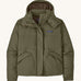 Patagonia women's hooded jacket in dark green. Features a full length front zip and popper fastener and side pockets