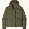 Patagonia women's hooded jacket in dark green. Features a full length front zip and popper fastener and side pockets