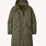 Patagonia women's dark green hooded parka jacket with side pockets and a popper with zip fastener from the neckline down.