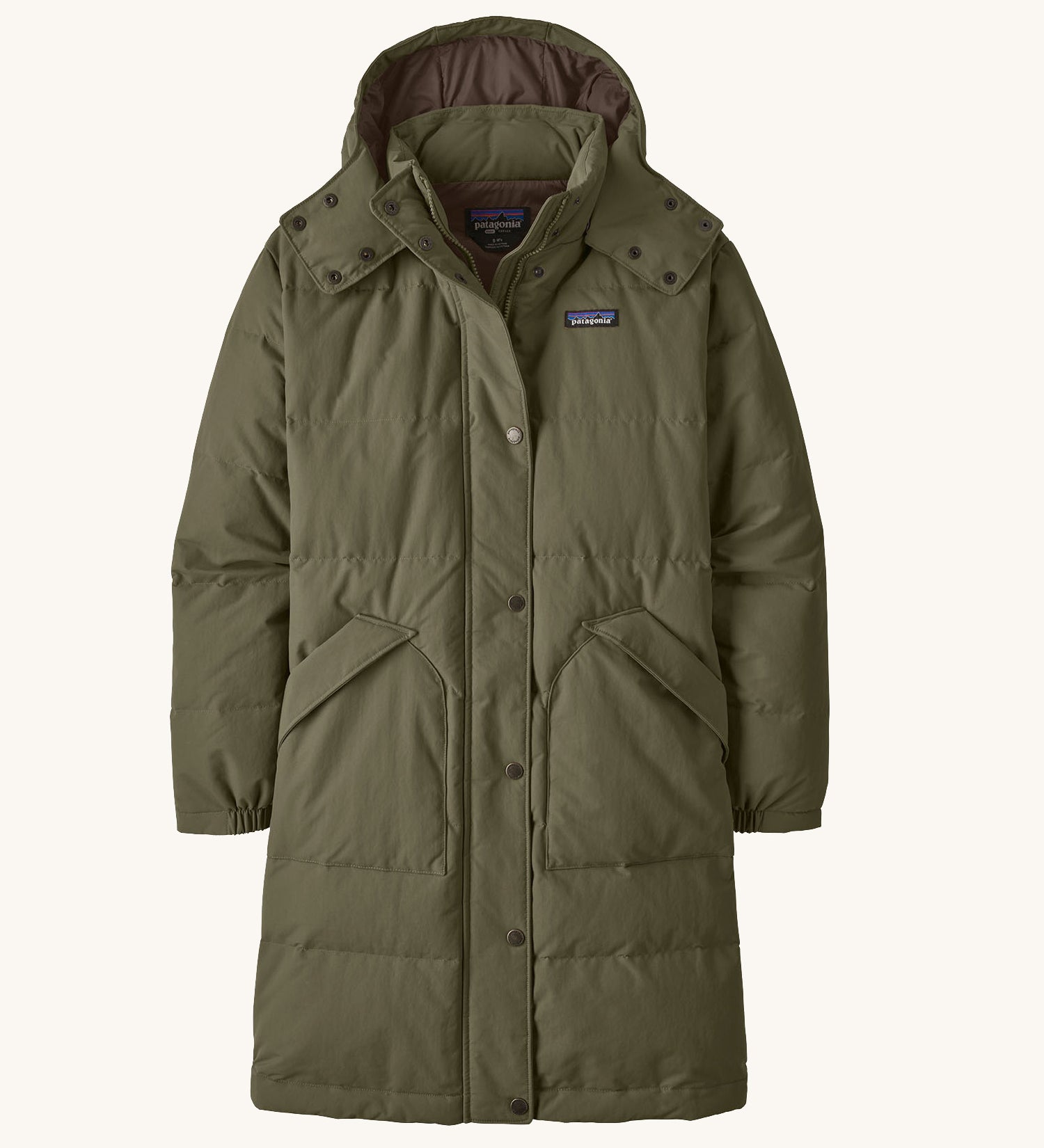 Patagonia women's dark green hooded parka jacket with side pockets and a popper with zip fastener from the neckline down.