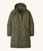 Patagonia women's dark green hooded parka jacket with side pockets and a popper with zip fastener from the neckline down.