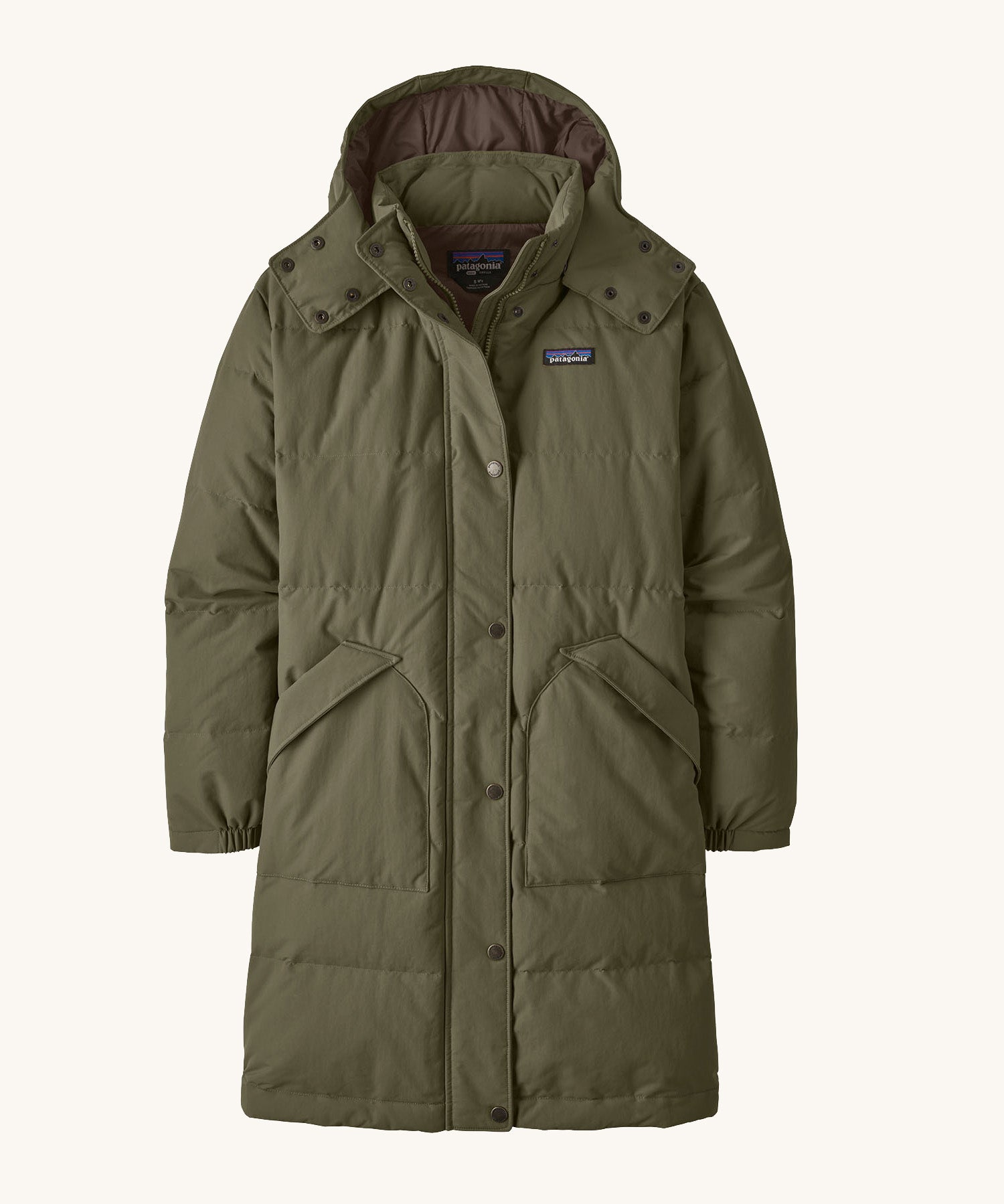 Patagonia women's dark green hooded parka jacket with side pockets and a popper with zip fastener from the neckline down.