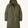 Patagonia women's dark green hooded parka jacket with side pockets and a popper with zip fastener from the neckline down.