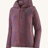 Patagonia women's lightweight hooded rain jacket in dark red with a repeating purple pattern. Features a full length front zip and chest pocket.
