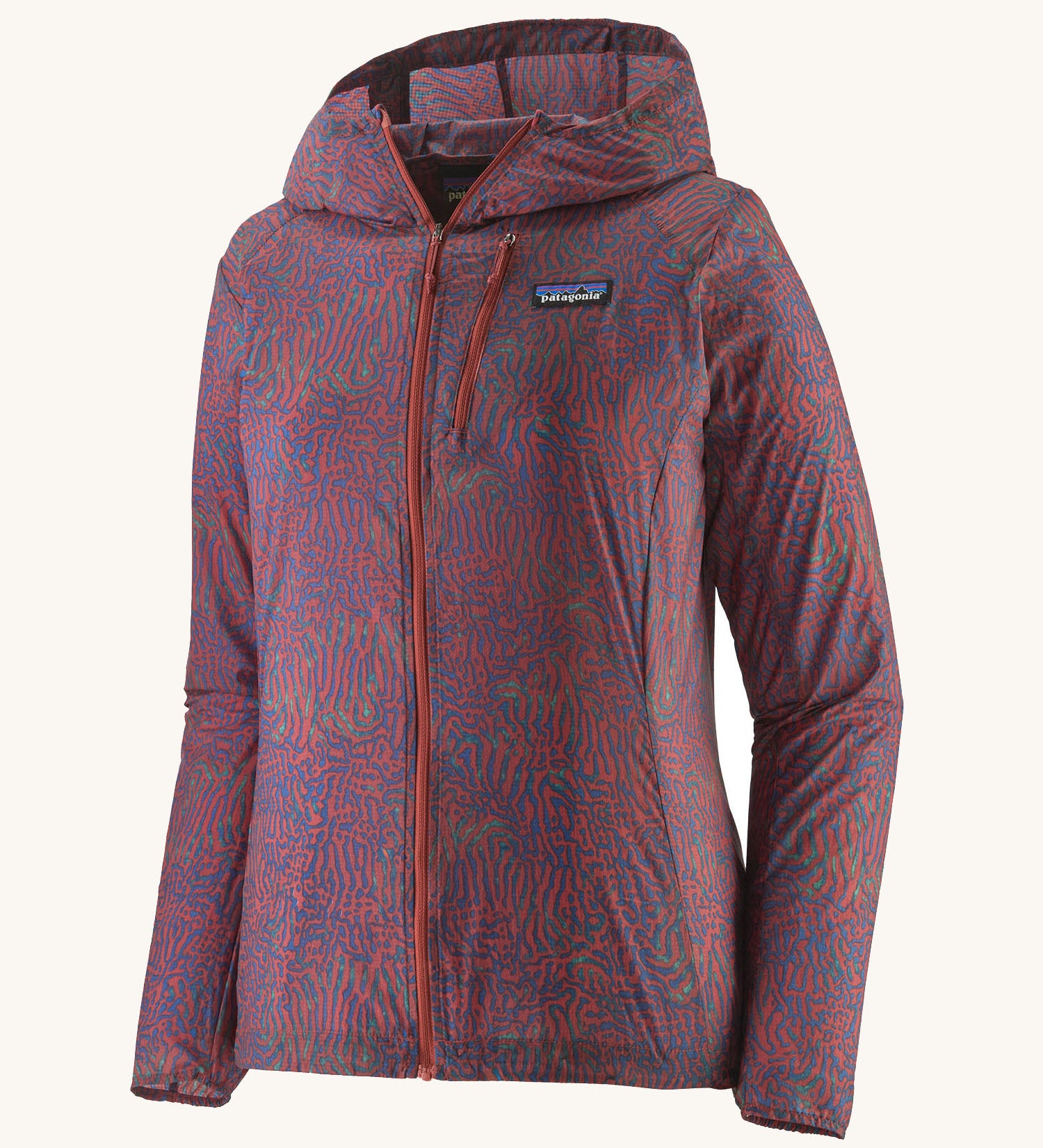 Patagonia women's lightweight hooded rain jacket in dark red with a repeating purple pattern. Features a full length front zip and chest pocket.