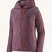 Patagonia women's lightweight hooded rain jacket in dark red with a repeating purple pattern. Features a full length front zip and chest pocket.