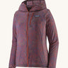 Patagonia women's lightweight hooded rain jacket in dark red with a repeating purple pattern. Features a full length front zip and chest pocket.