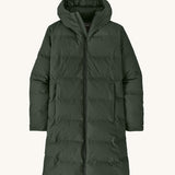 Patagonia long length hooded parka jacket in dark green with a full length zip and side pockets