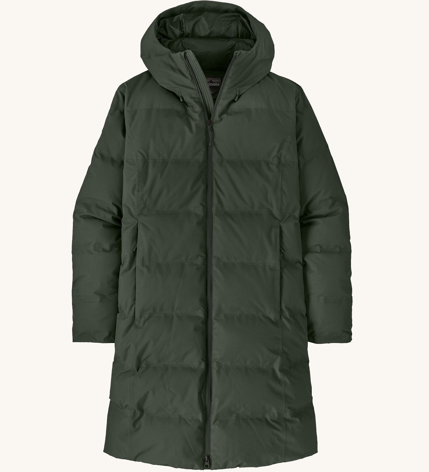 Patagonia long length hooded parka jacket in dark green with a full length zip and side pockets