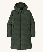 Patagonia long length hooded parka jacket in dark green with a full length zip and side pockets