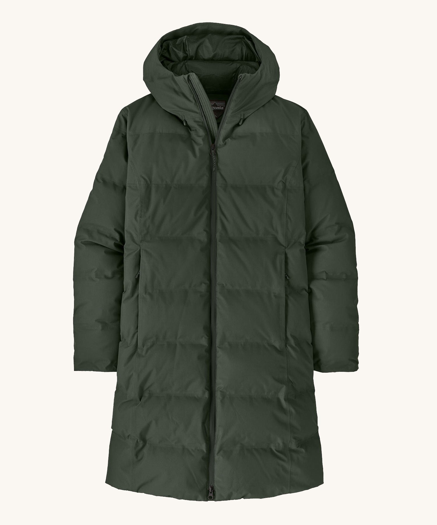 Patagonia long length hooded parka jacket in dark green with a full length zip and side pockets