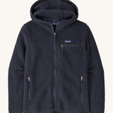 Patagonia thick hooded fleece jacket in dark blue with a full length zip, side pockets and a chest pocket