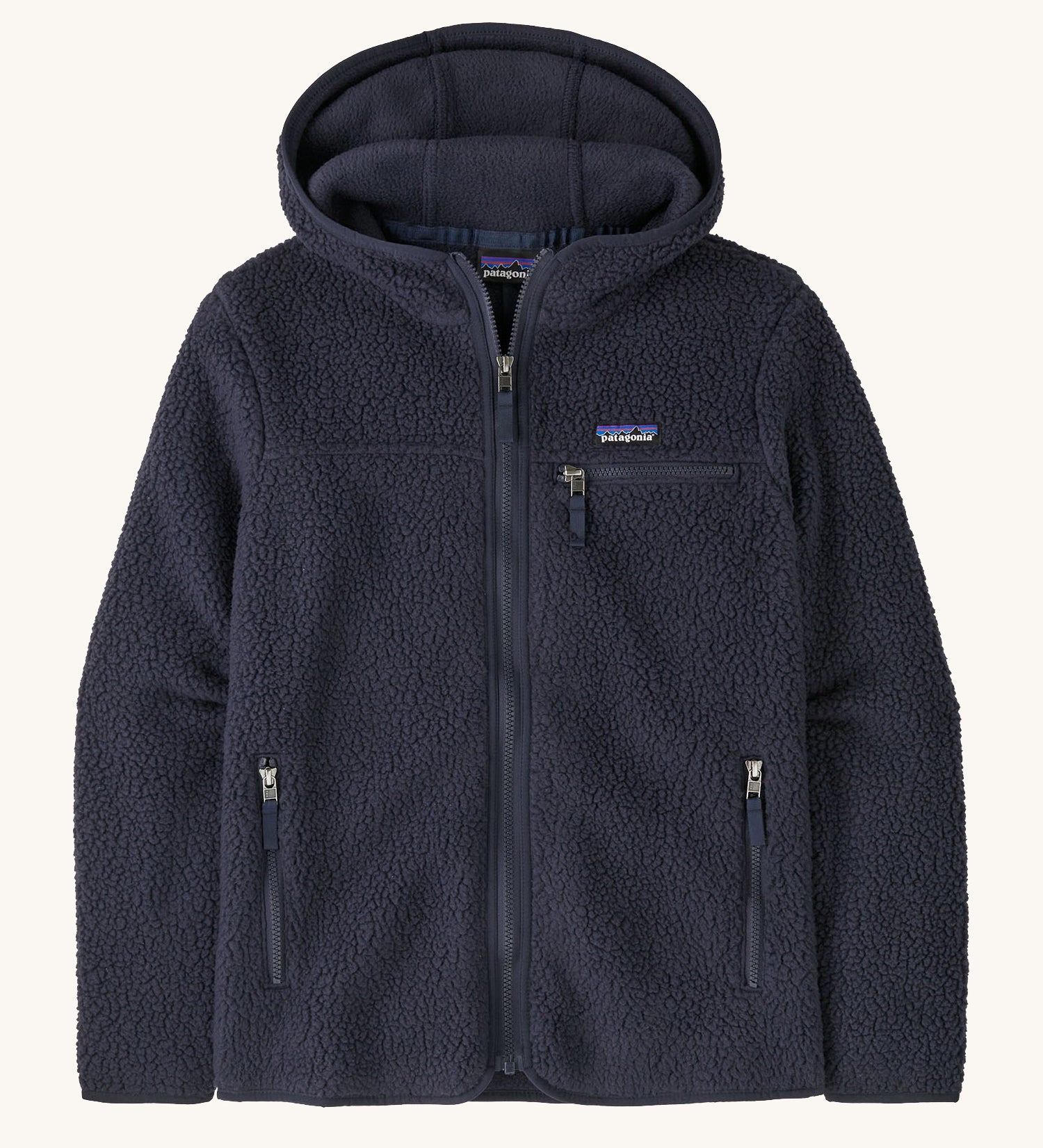 Patagonia thick hooded fleece jacket in dark blue with a full length zip, side pockets and a chest pocket