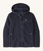 Patagonia thick hooded fleece jacket in dark blue with a full length zip, side pockets and a chest pocket
