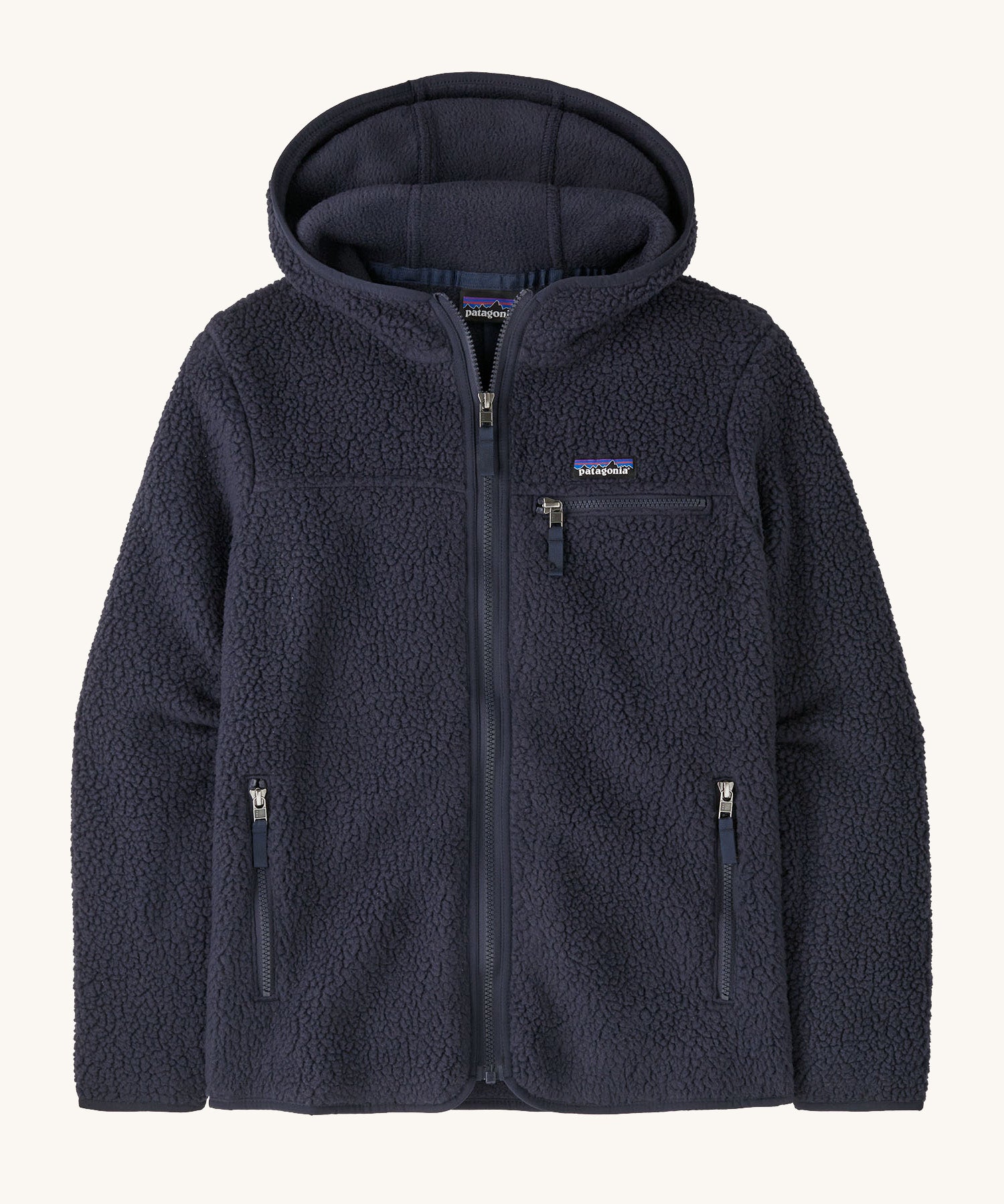 Patagonia thick hooded fleece jacket in dark blue with a full length zip, side pockets and a chest pocket