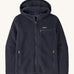 Patagonia thick hooded fleece jacket in dark blue with a full length zip, side pockets and a chest pocket