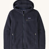 Patagonia thick hooded fleece jacket in dark blue with a full length zip, side pockets and a chest pocket