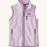 Patagonia thick fleece gilet. In light purple with a dark purple trim. Features a turned up collar with a zip from the neckline down with a chest and side pockets