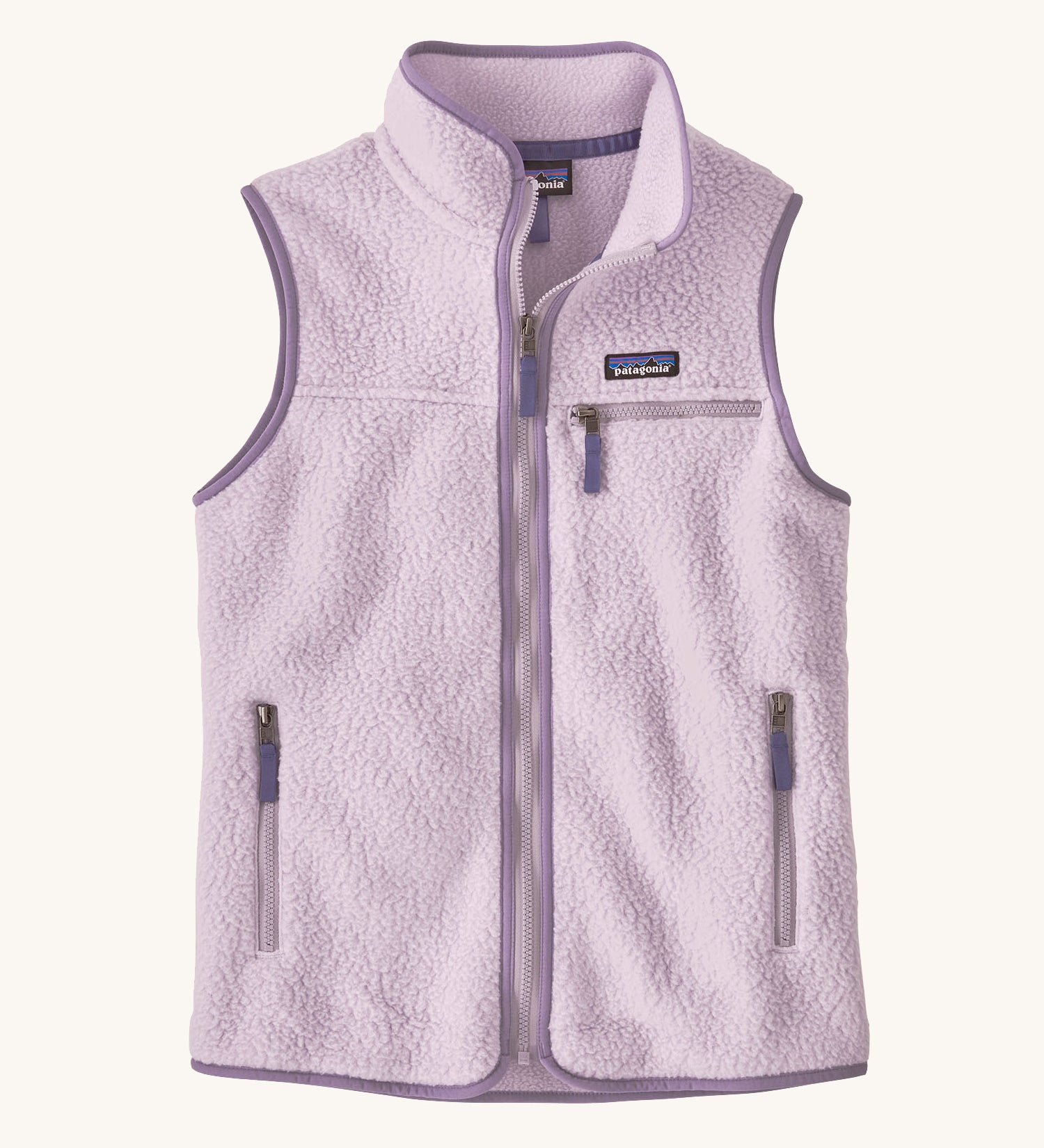 Patagonia thick fleece gilet. In light purple with a dark purple trim. Features a turned up collar with a zip from the neckline down with a chest and side pockets