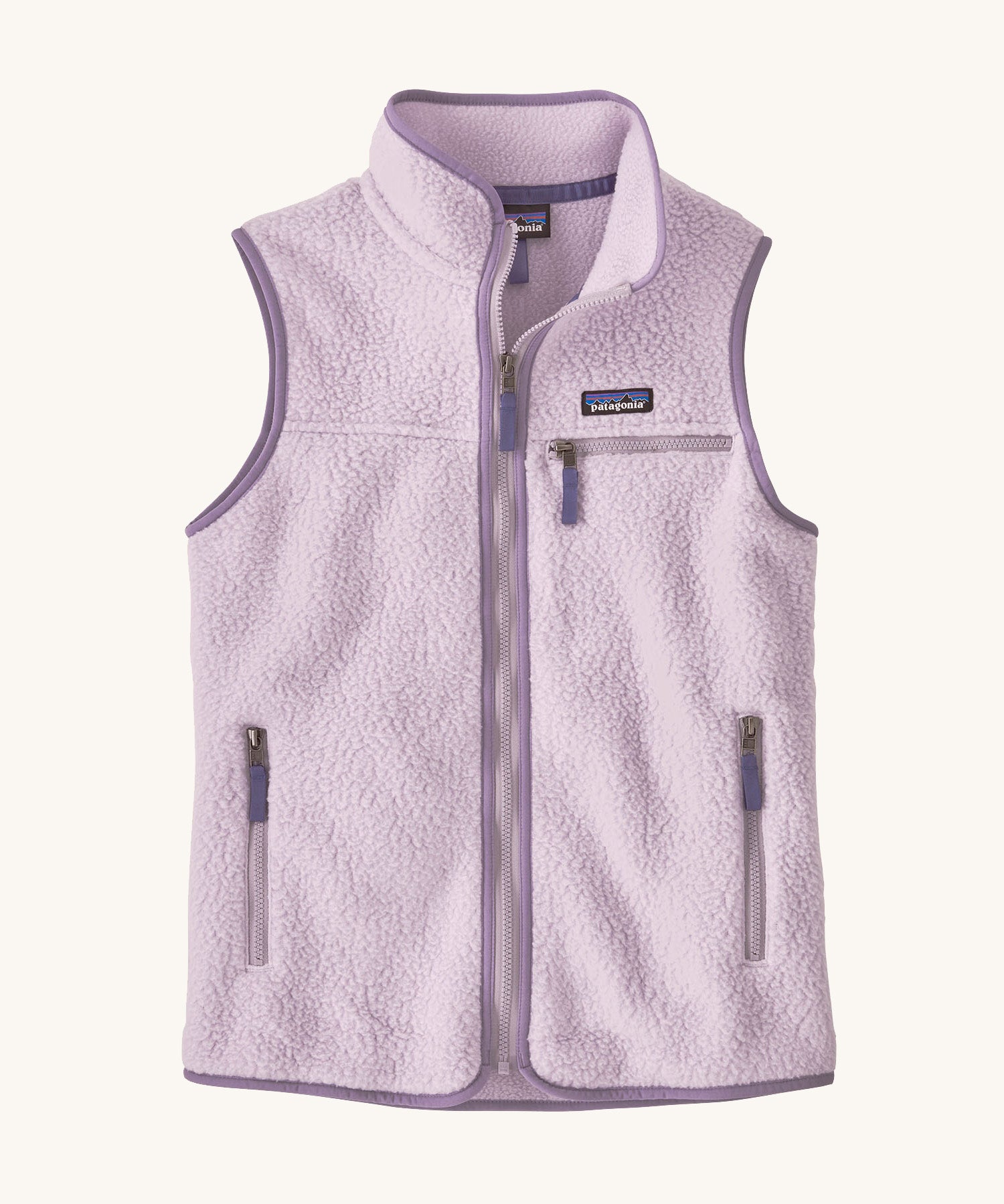 Patagonia thick fleece gilet. In light purple with a dark purple trim. Features a turned up collar with a zip from the neckline down with a chest and side pockets