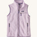 Patagonia thick fleece gilet. In light purple with a dark purple trim. Features a turned up collar with a zip from the neckline down with a chest and side pockets