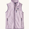Patagonia thick fleece gilet. In light purple with a dark purple trim. Features a turned up collar with a zip from the neckline down with a chest and side pockets