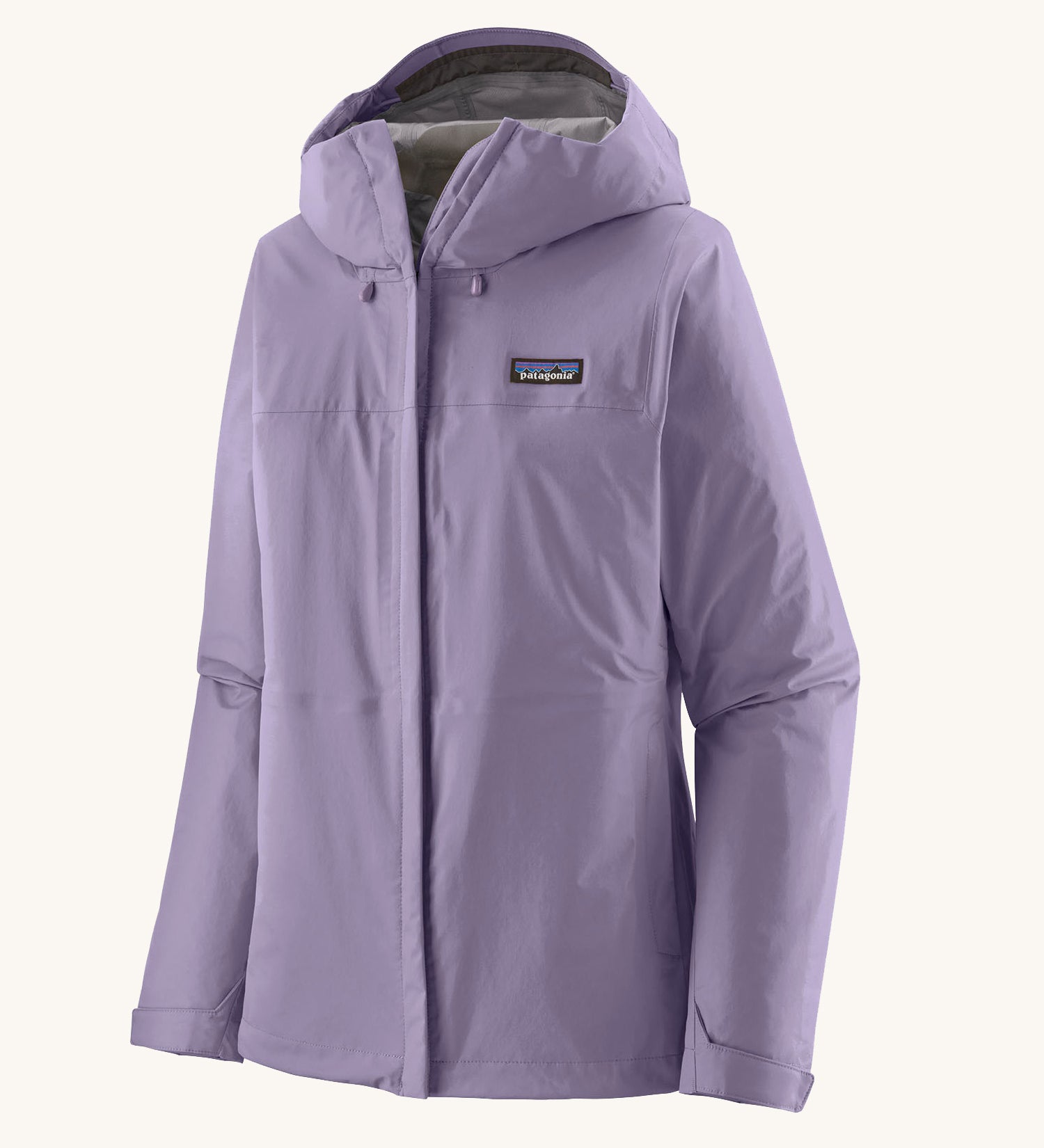 Patagonia hooded rain coat in pastel purple colour with a grey inner lining. Features a full length front zip and side pockets.